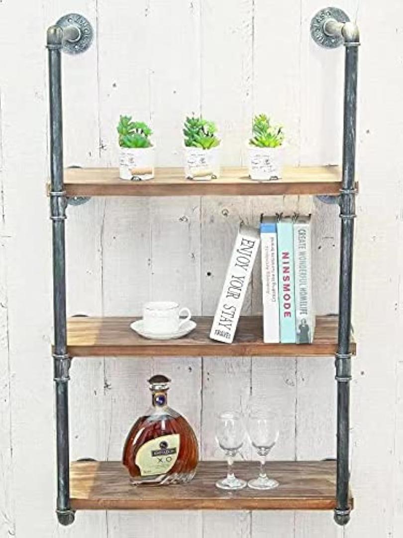 Industrial Wall Mounted Iron Floating Pipe Wood Shelves/Shelving/Racks/Storage/Bookcases/Brackets, DIY Open Bookshelves/Shelving for Kitchen/Office, Retro Black, Brown