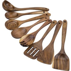 Premium 8-Piece Teak Wood Cooking Utensil Set - Heat Resistant, Lightweight & Sturdy Wooden Spoons for Non-Stick Cookware - Ideal for Cooking, Stirring & Serving