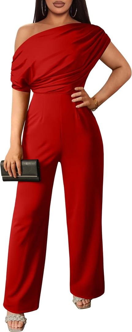 YMDUCH Women's Casual Sleeveless Off Shoulder Wide Leg Long Pant Jumpsuits (XX-Large, Red)