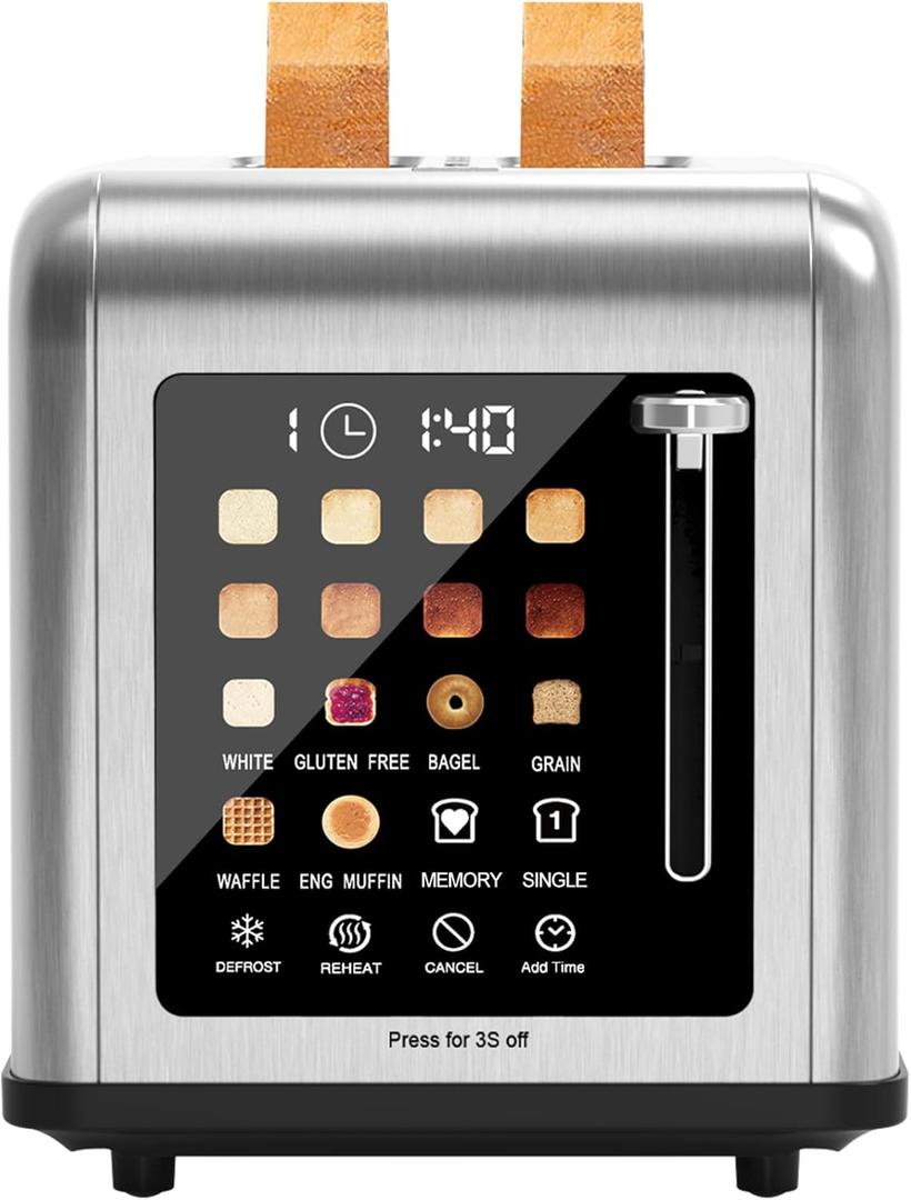 2 Slice Toaster Touch Screen, Stainless Steel Toasters Digital Timer 2 Slot Toasters, 8 Shade Settings 6 Bread Types for Bagel, Cancel, DefrostStainless Steel