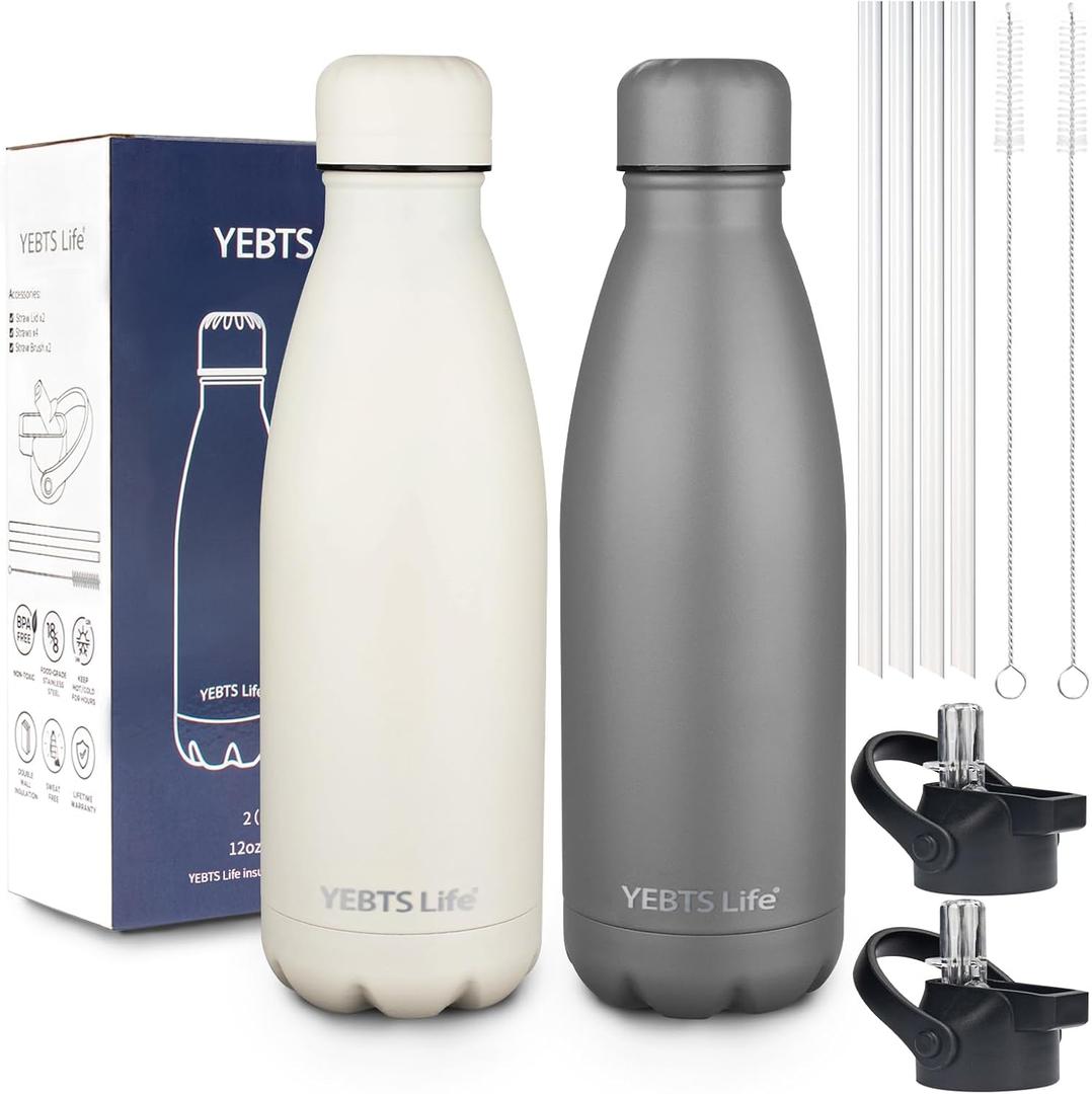 Insulated Water Bottle,2 Pack-12oz Stainless Steel Water Bottles with straw lid,Metal Sports Thermos Water Bottles for Boys,Girls,Double Wall Vacuum BPA-Free Flask for Sports (Grey&Cream white)