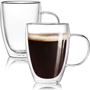 12 Oz Double Walled Glass Coffee Mugs with Handle, Insulated Layer Coffee Cups, Clear Borosilicate Glass Mugs - Gift for Cappuccino,Tea,Latte,Espresso,Hot Beverage,Cold Drinks, Set of 2