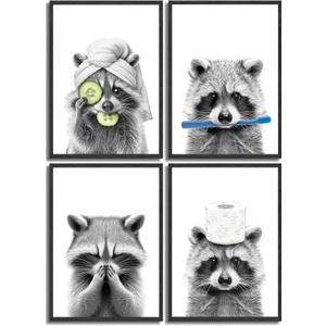 Danseed 4pcs Adorable Raccoon Bathroom Wall Art Modern Black and White Animal Wall Decor Pictures Funny Bathroom Canvas Posters Prints for bathroom Washroom laundry room Decorations Unframed (Racoon)