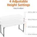 Amazon Basics Portable 4 Foot Rectangular Folding Dining Table, 4 Adjustable Height Settings, Carrying Handle, Indoor & Outdoor, Sturdy for Events, White, 47.8 x 23.9 x 33.9 in