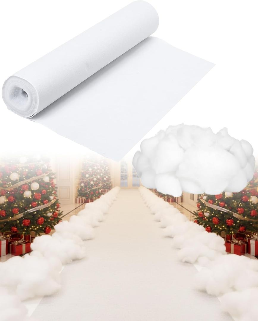 Boao 3 x 65 ft White Carpet Runner for Party, 17.6 Ounce/500g Fake Clouds Snow Decoration, Runner Rug and Fluffy Artificial Cotton Fiber for Winter Wedding Ceremony Valentine's Day Decoration(White)