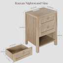 Rattan Night Stand with Drawers - Boho Nightstand with Charging Station, Bedside Table with Storage Shelf, Accent Side Table End Tables Living Room, Wood Nightstands for Bedroom, Light Wood
