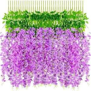 108 Pack 43.2 in/ 3.6 ft Artificial Fake Wisteria Hanging Flowers Wisteria Faux Flowers Garland Silk Vine Rattan Long Hanging Flowers String for Home Outdoor Wedding Party(Pale Lilac)