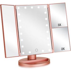 Flymiro Tri-fold Lighted Vanity Makeup Mirror with 3x/2x Magnification,Light up Mirror for Makeup,Touch Screen 21 LEDs,180 Rotation Countertop Cosmetic Mirror,Gifts for Women Mom Teen Girls