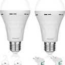 2 Pack Rechargeable Emergency Light Bulbs, Battery Powered Energy Efficient LED Light Bulb 6000K Daylight E26 120 Volt 9W 60W Equivalent with 1200mAh for Home Power Outage Camping Hurricane