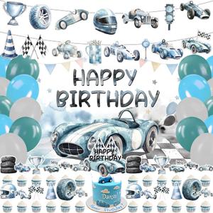 59 Pcs Race Car Birthday Party Supplies, Watercolor Race Car Themed Party Decoration Vintage Race Car Backdrop Balloons Cake Cupcake Topper for Racing Car Themed Party Decor