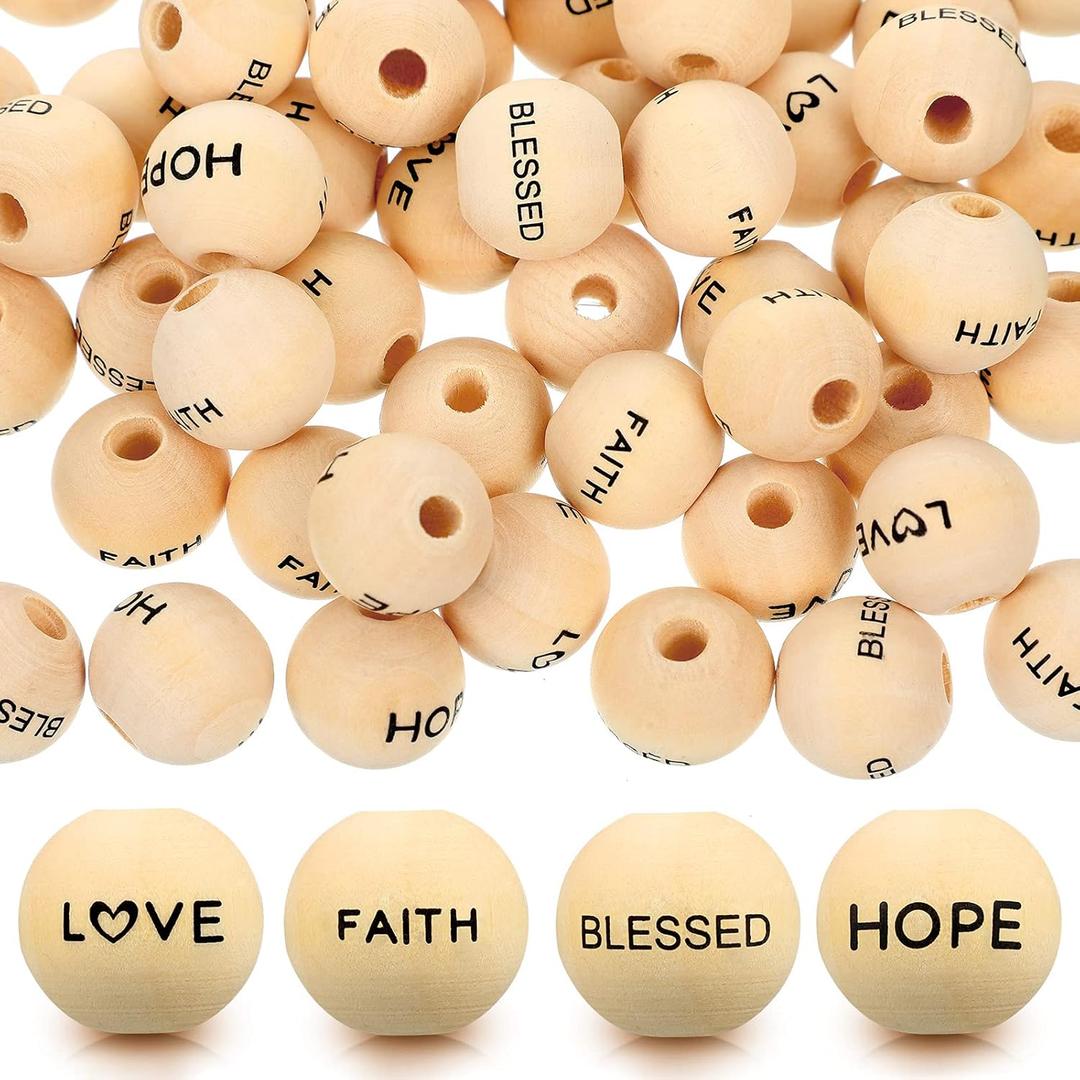 Queekay 100 Pieces Wooden Word Beads 16mm Wooden Words Balls Ornament Christian Letter Beads for Garland Making and DIY Crafts Gifts Farmhouse Home Decor(Faith Style)