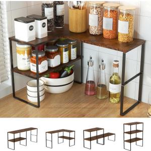 Golener Countertop Organizer Corner Shelf, 2 Tier Adjustable Stackable Corner Shelves for Kitchen, Bathroom, Spice Rack, Coffee Area, Over Sink, Dresser Table, Corner Counter Shelf Stand, Rustic Brown (Large Modern)