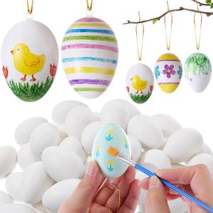 AmazingSpark 60 Pcs Easter Hanging White Eggs for Decorating, Fake Plastic Easter Eggs for DIY Crafts Dyeable Painting Easters Gift Basket Fillers Party Favor