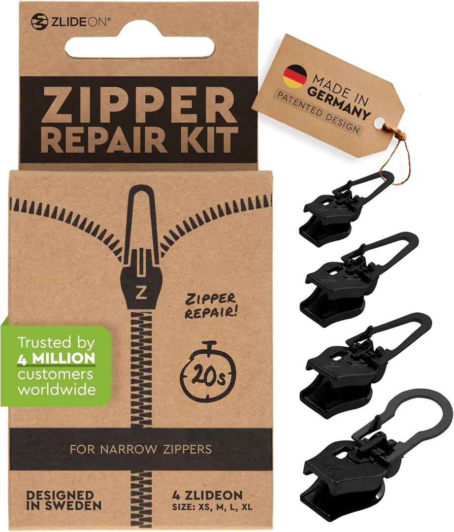 Zlideon Zipper Repair Kit for Narrow Zippers - 4pcs, Black | Instant Zipper Pull Replacement Slider for Dresses, Bedding, Hoodies, Light Jackets, Inner of Handbags | Easy to Install | Made in Germany