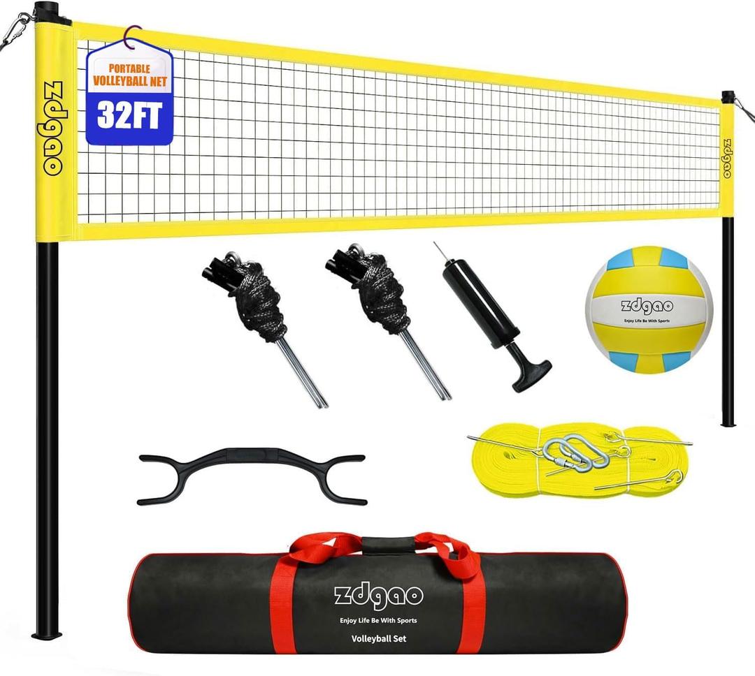 Volleyball Net Outdoor - Portable Volleyball Set for Backyard with Professional Volleyball Net, Wrap Yarn Volleyball and Pump, Boundary Line, Carry Bag, 32' x 3'