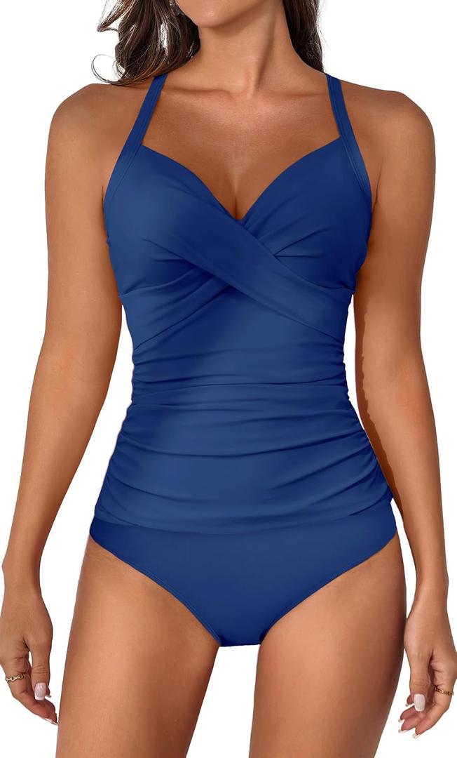 B2prity Women's Ruched Tankini Swimsuits V Neck Wrap Tie Back Two Pieces Bathing Suit Tummy Control Swimwear M
