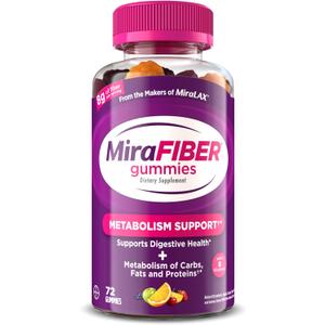 MiraFIBER Gummies, From The Gut Experts at MiraLAX, 8g of Daily Prebiotic Fiber with B Vitamins to Support Digestive Health and Metabolism, Fruit Flavored Fiber Gummies, 72 Count, Best by 04/2027