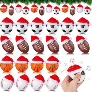 Leyndo 24 Pcs Sport Balls Christmas Ornaments Bulk Basketball Football Ornaments with Removable Santa Hat for Christmas Tree Decorations Xmas Tree Hanging for Party Gift Filler (Balls)