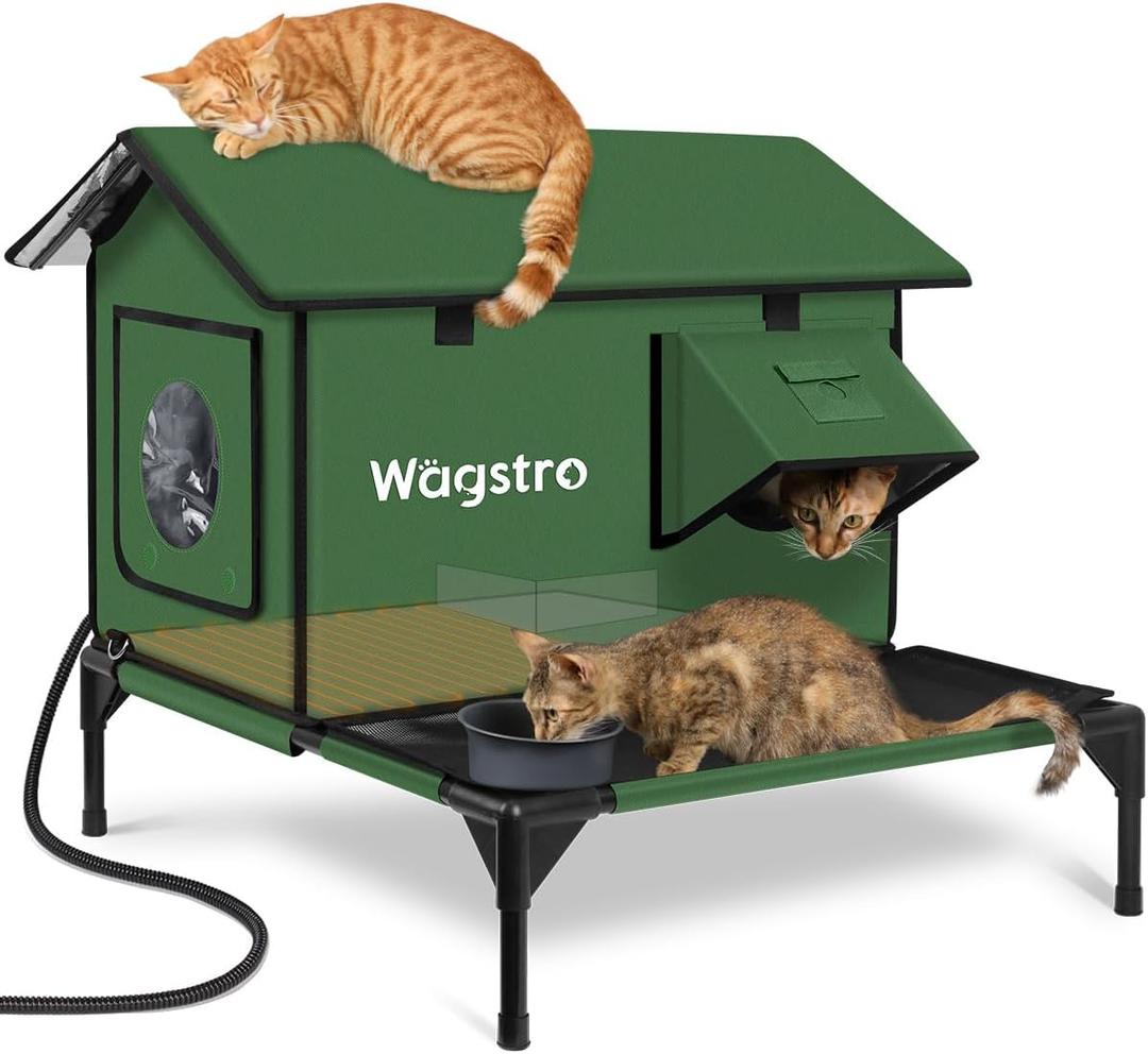 Large Heated Cat House for Outside with Dampless Deck, Highly Elevated, Exit-Only Door, Waterproof Insulated Outdoor Cat Shelter for Feral Stray Barn Cat