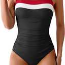 Women's Ribbed One Piece Swimsuits Color Block Tummy Control Bathing Suit Slimming 1 Piece Swimwear (Red-White-Black, Size L)