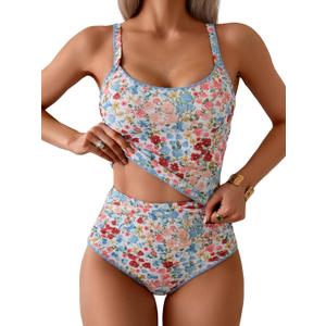Eomenie Tankini Swimsuit for Women Tummy Control Ruched Two Piece Bathing Suits High Waisted Shell Stitch Swimwear (Small, Pink Floral)
