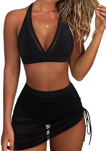 RXRXCOCO Mesh Halter High Waisted Bikini Sets for Women Tummy Control Swimsuits Two Piece Bathing Suits with Skirt S