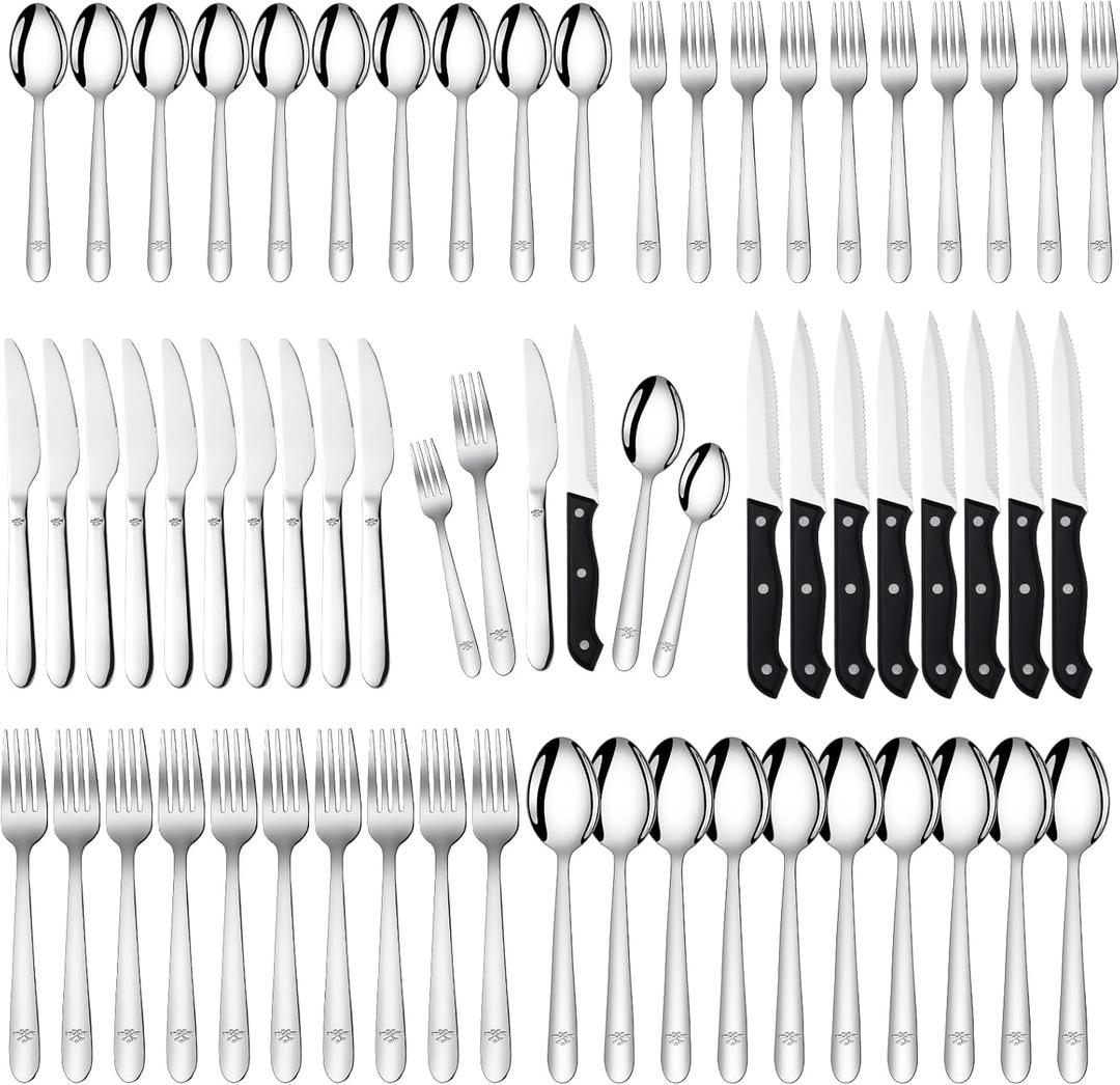 58-Piece Silverware Set Service for 10 - Stainless Steel Flatware Cutlery Set - Knives Forks and Spoons Utensil Sets for Home Kitchen Restaurant Hotel, Mirror Polished, Dishwasher Safe