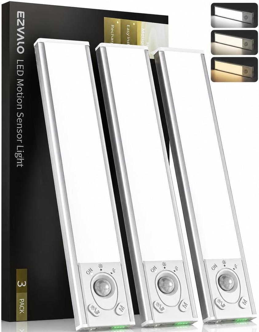 EZVALO Under Cabinet Lighting Wireless, 3Pack 8'' Rechargeable Motion Sensor Light Indoor, LED Closet Lights, Dimmable & 3 Color Temps Battery Operated with Power Display, for Kitchen, Stairs, Bedside