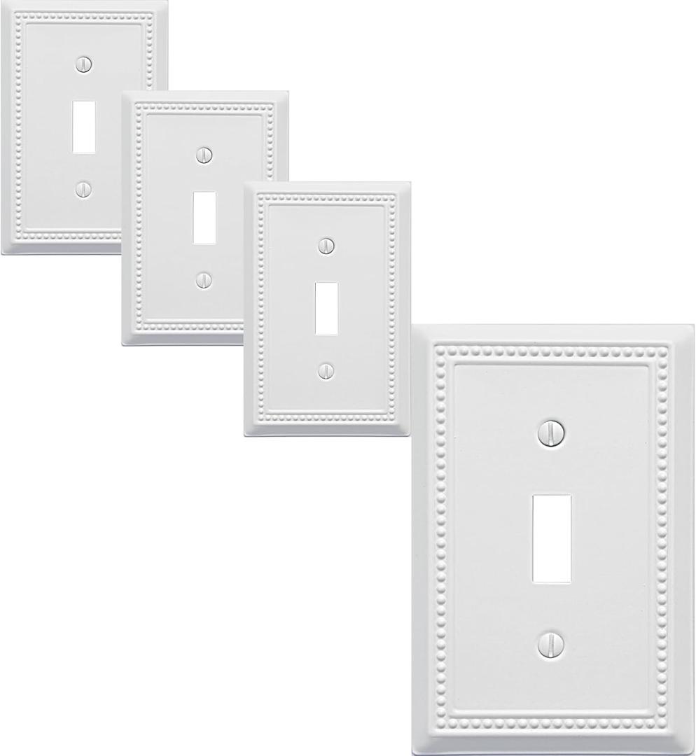 OKAWYC Single Toggle Light Switch Cover Belaire Beaded Metal Wall Plate, 4-Pack White 1 Gang, Light Switch Cover Decorative Wallplate, Durable