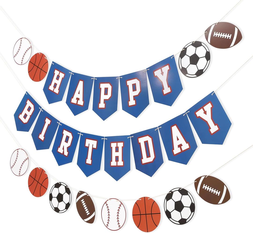 Happy Birthday Sports Banner - Sports Theme Birthday Party Decorations, Happy Birthday Ball Garland Sign, Banner for Boy Birthday Party Decor, Ball Party Supplies Photo Props