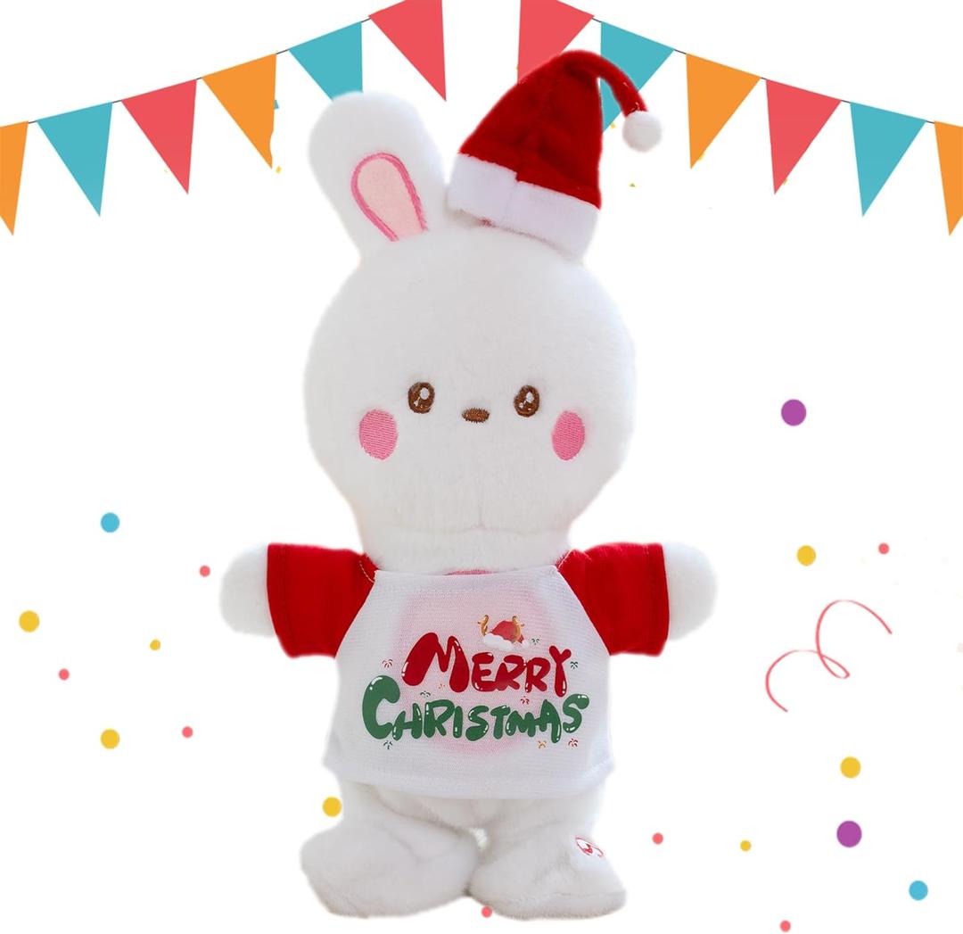 Singing Dancing Bunny Christmas Plush Bunny Three Holiday Outfits Interactive Plush Toy Musical Stuffed Animal Christmas Decoration Kids Gift for Girls Boys White 11.2