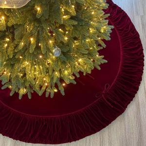 72-Inch Ruffled Velvet Christmas Tree Skirt with Foam Padding, Nylon Backing and Lace-Up Tie Closure, Burgundy