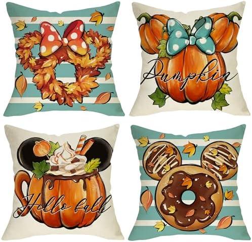 Fjfz Hello Fall Pumpkin Decorative Throw Pillow Covers 20 x 20 Set of 4, Autumn Wreath Doughnut Hot Cocoa Porch Outdoor Home Decor, Blue Stripes Maple Leaves Seasonal Couch Cushion Case