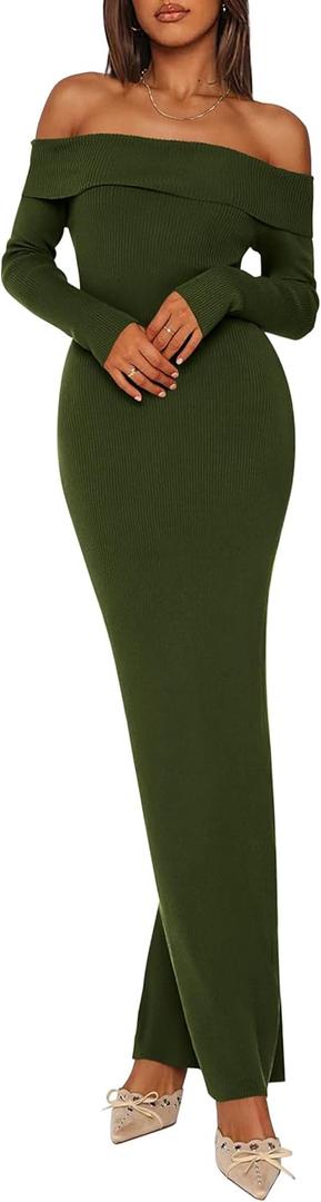PRETTYGARDEN Womens Fall Sweater Dress 2026 Long Sleeve Off Shoulder Slit Maxi Bodycon Cocktail Party Dresses Spring Fashion (XX-Large, Army Green)