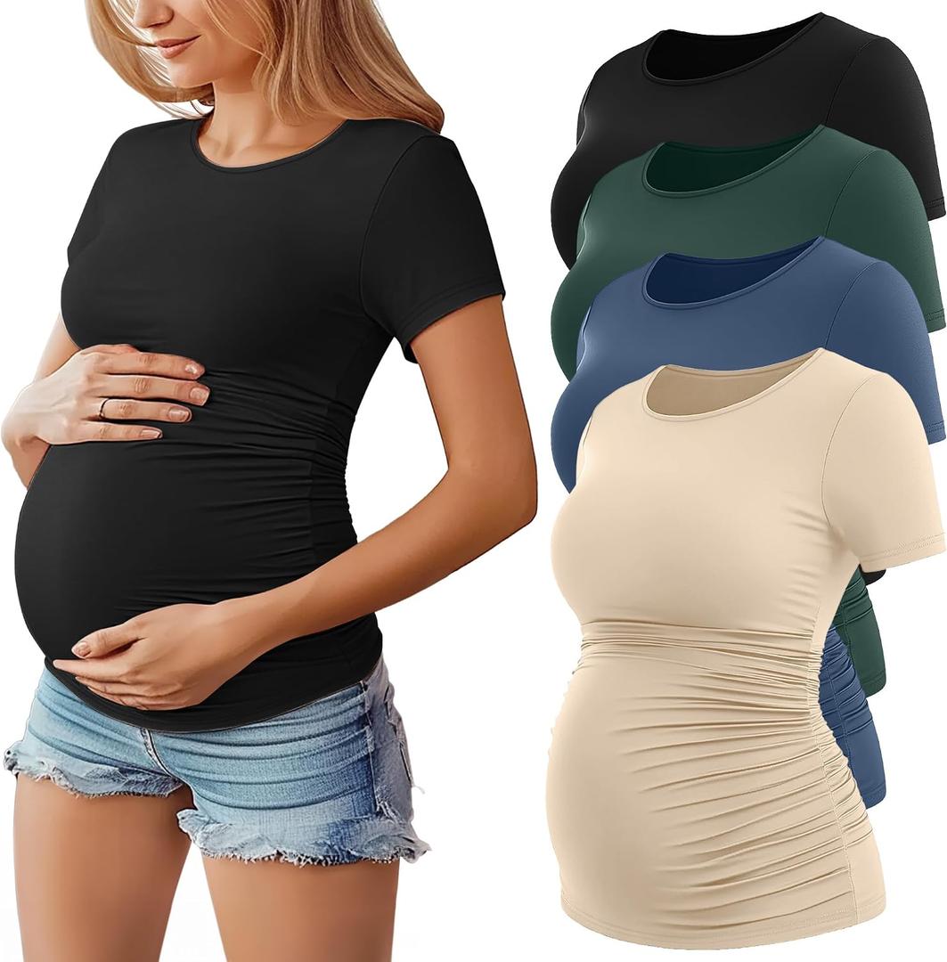 Huukeay 4 Pack Women's Maternity Shirts, Crew Neck Maternity Top Short Sleeve Casual Cotton Tee Side Ruched Pregnancy Clothes, Black, Apricot, Haze Blue, Dark Green, Large