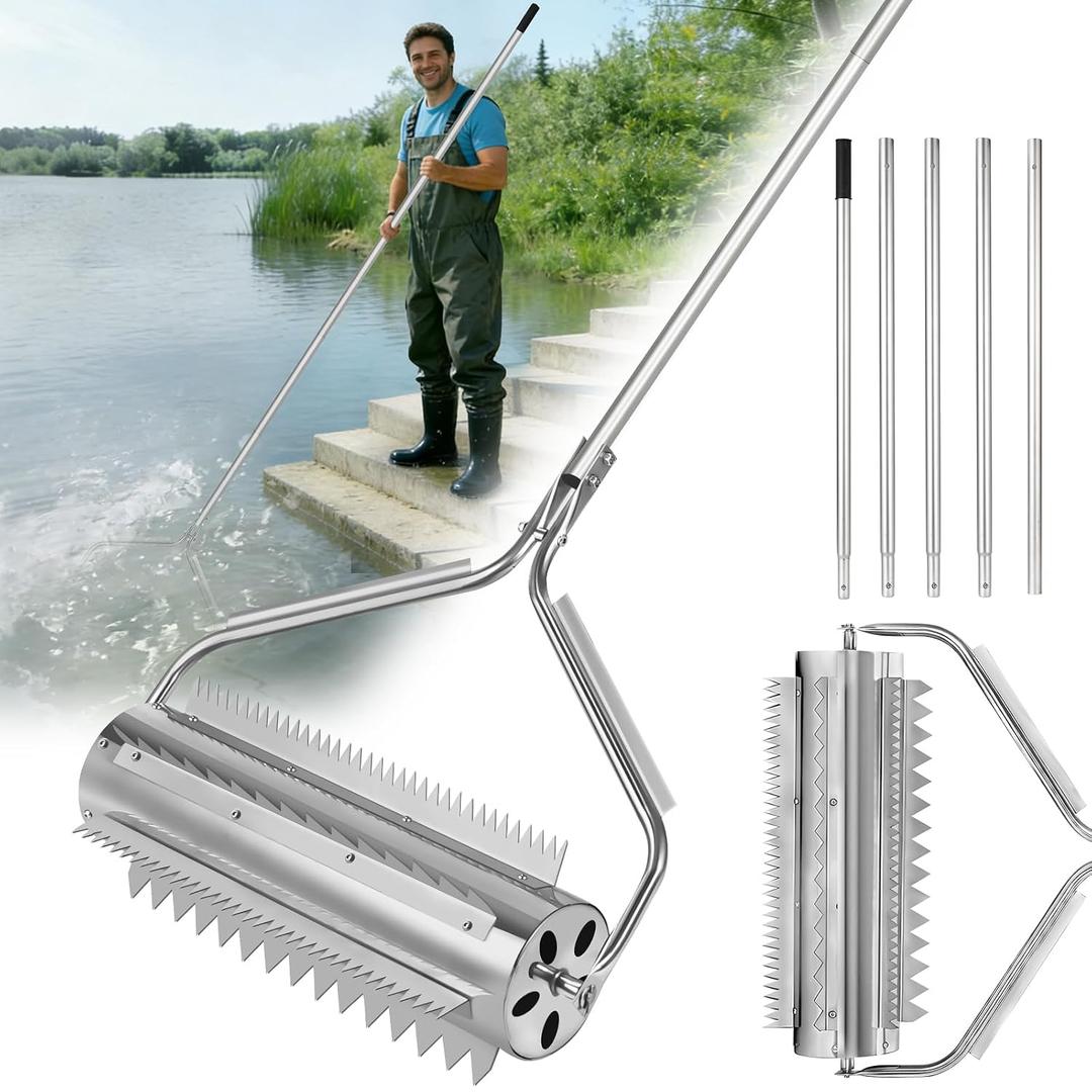 Pond Rake Roller, Lake Weed Cutter Remover, Stainless Steel Beach Roller with Adjustable Aluminum Handle, Aquatic Weed Sludge Tiller, Clears Weeds Roots Muck for Pond, Lake, Beach & Shoreline 