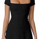 QINSEN Womens Square Neck Tennis Dress Short Sleeve Built in Shorts Golf Athletic Dress with Pockets, Black M