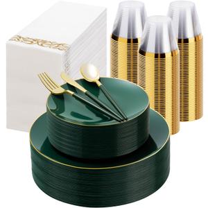 350 Pieces Green Gold Plastic Dinnerware Set, Gold Disposable Plates for Party, Include 100 Green Plates with 150 Plastic Cutlery, 50 Napkins and 50 Cups