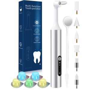 Tooth Polisher, Electric Rechargeable Teeth Polishing Kit with LED Auxiliary Light, 6 Brush Heads & 5 Polish Paste, 4 Modes, IPX6 Waterproof, Easy to Use Tooth Polishing Tool for HomeSliver
