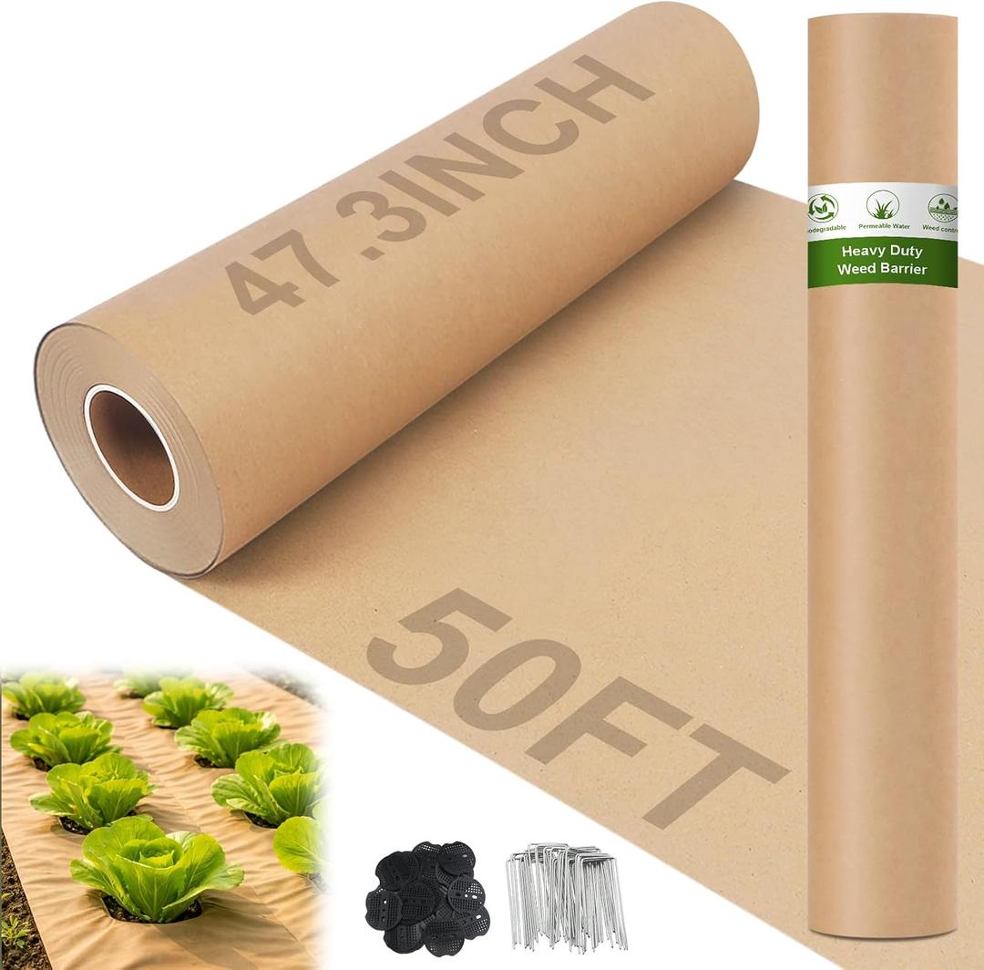 50 x 4 Ft Biodegradable Paper Weed Barrier Garden Paper Weed Barrier with U-Shaped Ground Nails Biodegradable Landscape Fabric Garden Mulch Rolls for Weeds Outdoor Lawn