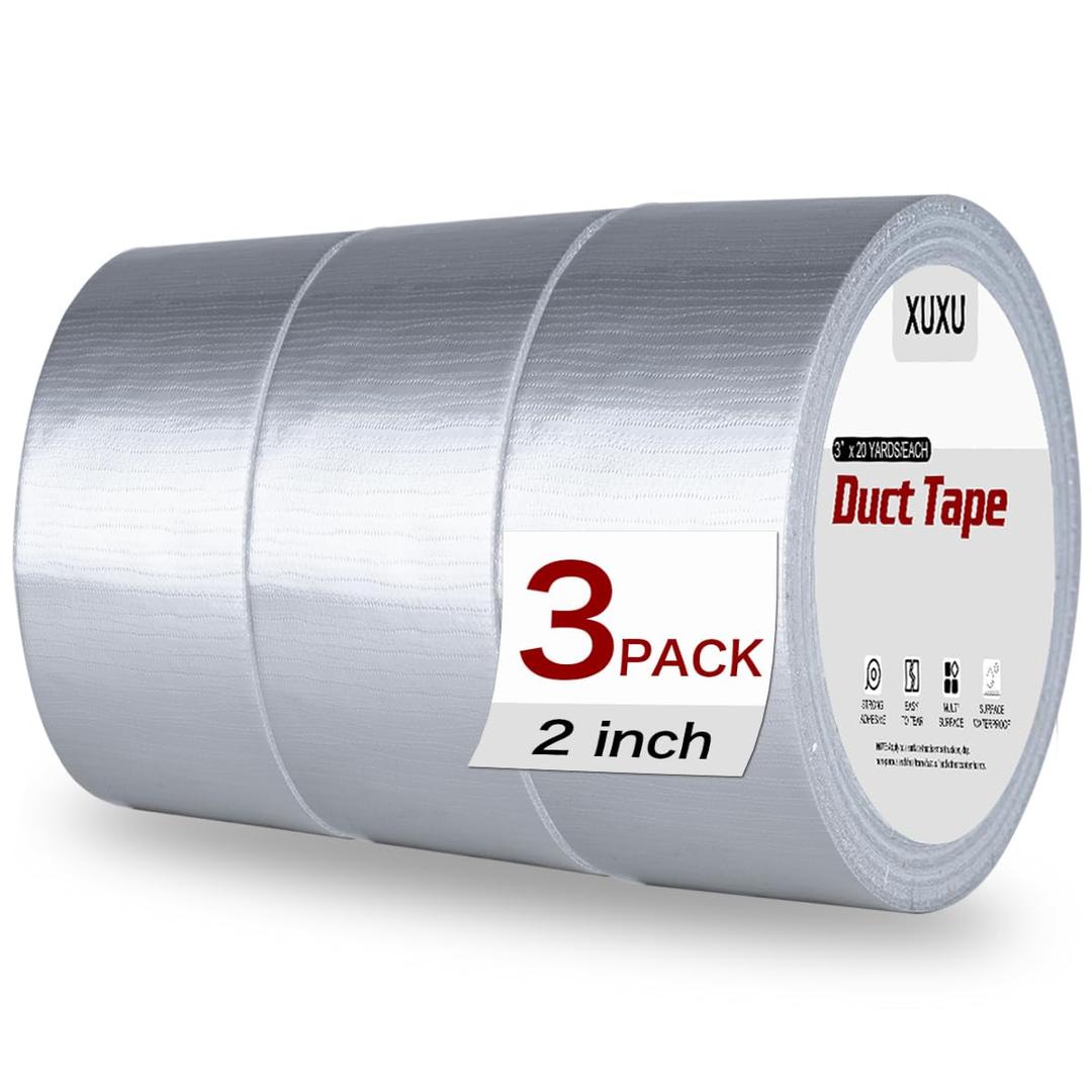 3 Pack Duct Tape Heavy Duty Waterproof, Strong Adhesive Silver Duct Tape Bulk for Indoor Outdoor Repairs Tear by Hand, 60 Yards x 2 Inch Total