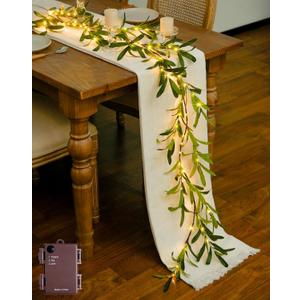 JMEXSUSS Artificial Olive Lighted Garland for Fireplace Decor, 100 LED 6 Ft Christmas Mantel Garland Fairy Lights Battery Operated, Vines with Lights for Table Bedroom Wedding Easter Spring Decoration