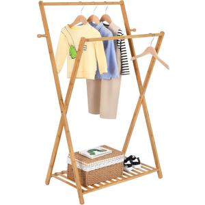 Ufine Bamboo Kids Clothing Rack with Double Hanging Rods & Storage Shelf, Small Dress up Rack for Children Open Wardrobe Costumes Organizer