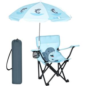 Outdoor Toddler Camping Chair with Umbrella Foldable Beach Chairs with Safety Lock for Kids Waterproof Lawn Kids Folding Chair for Outside Beach Travel(Shark)