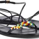 Strappy Flat Sandals for Women Round Open Toe Beaded Ankle Buckle Strap Flats Casual Summer Beach Dress Shoes, Color: Black Size: 8