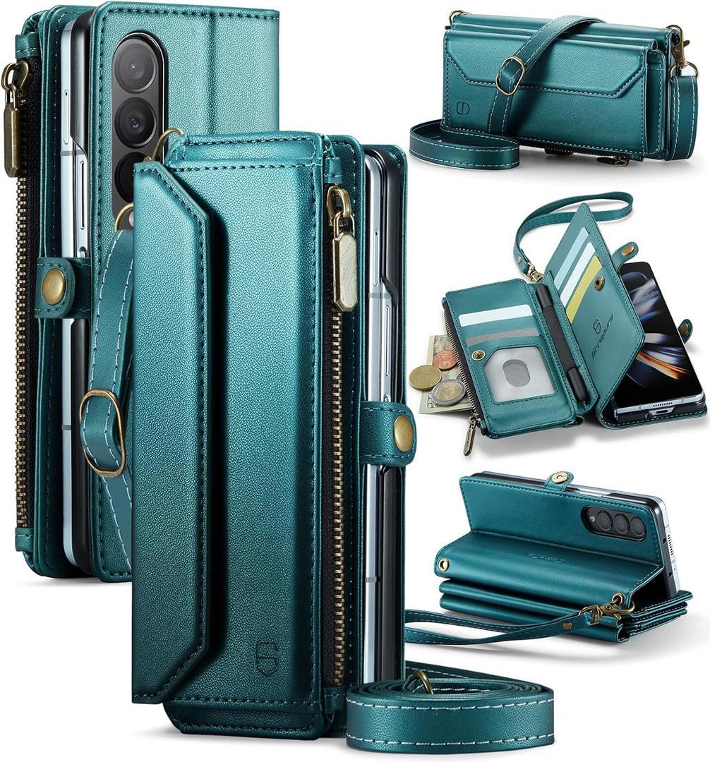 Strapurs Crossbody Wallet Case Compatible with Samsung Galaxy Z Fold 4 with RFID Blocking Card Holder & Pen Holder Slot Soft PU Leather Shoulder Strap Zipper Pocket Purse Fold 4 Phone Case, Blue Green