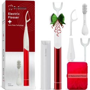 Electric Vibration Flosser, Power Flosser for Adults, Gum Stimulator, Teeth Cleaner, Reusable Flossing Tool with Toothbrush, Water Flosser Alternative, Red