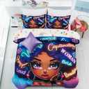 A Nice Night 6pcs Comforter Sets,Black Girl with Fashionable Attire Printing, Printed with Letters Background Kids Bedding Set,Twin