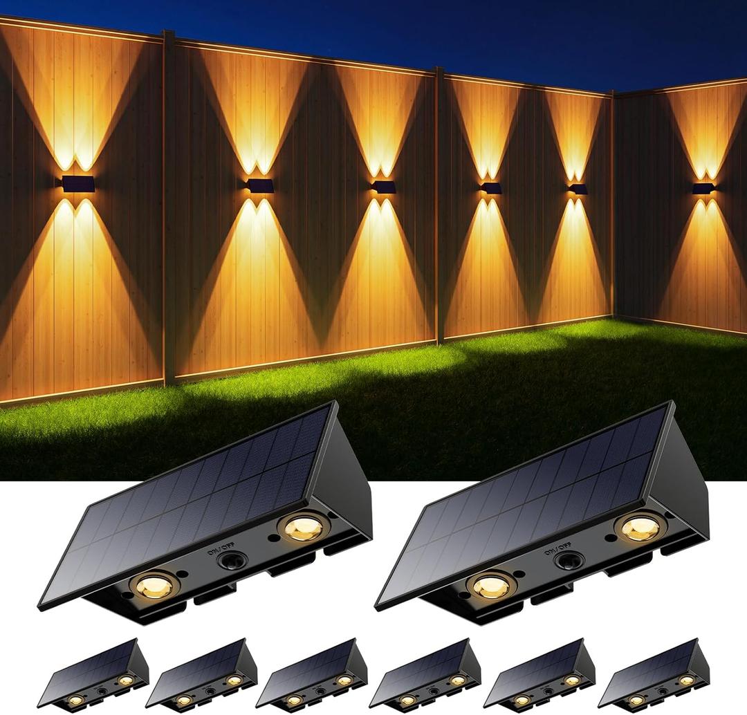 8 Pack Solar Powered Fence Lights Outdoor Up and Down Wall Mount LED Decorative Waterproof Lamps for Outside Deck, Porch, Backyard, House, Patio, Long-Lasting Lighting for All Night (Warm White)