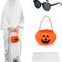 Mepase 3 Pcs Halloween Ghost Costumes Set for Adult White Sheets Boo Ghost Costume with Pumpkin Treat Bags Sunglasses for Halloween Costume Party Cosplay